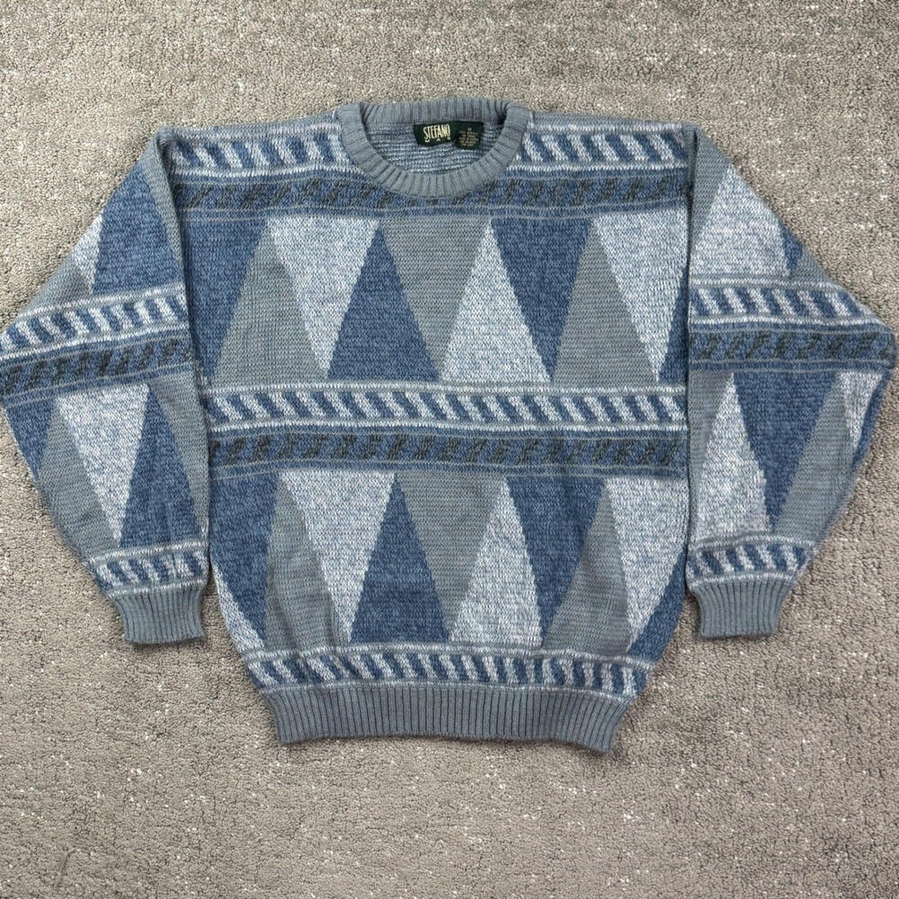 Vintage 90s Stefano Man Sweater Mens M Blue Geometric Abstract Knit Korea